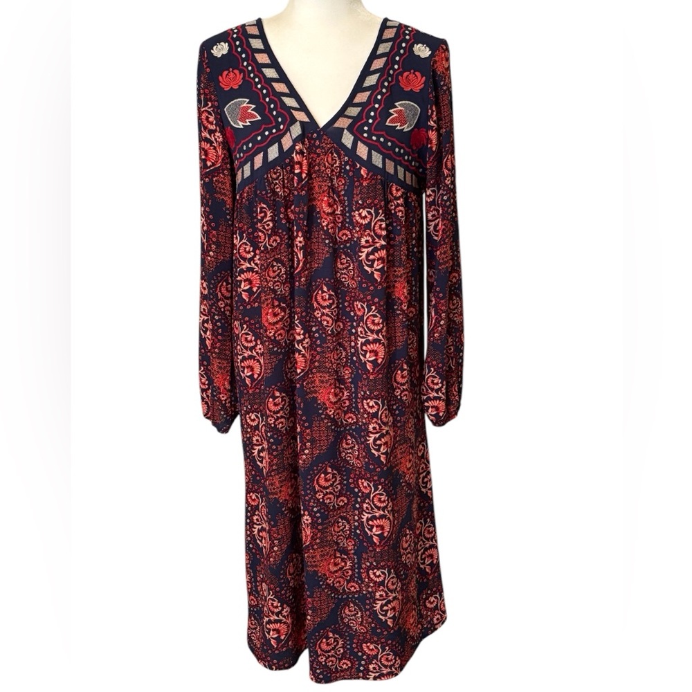 XHILERATION Navy and Red Embroidered Loose Fit Boho Dress Size Medium